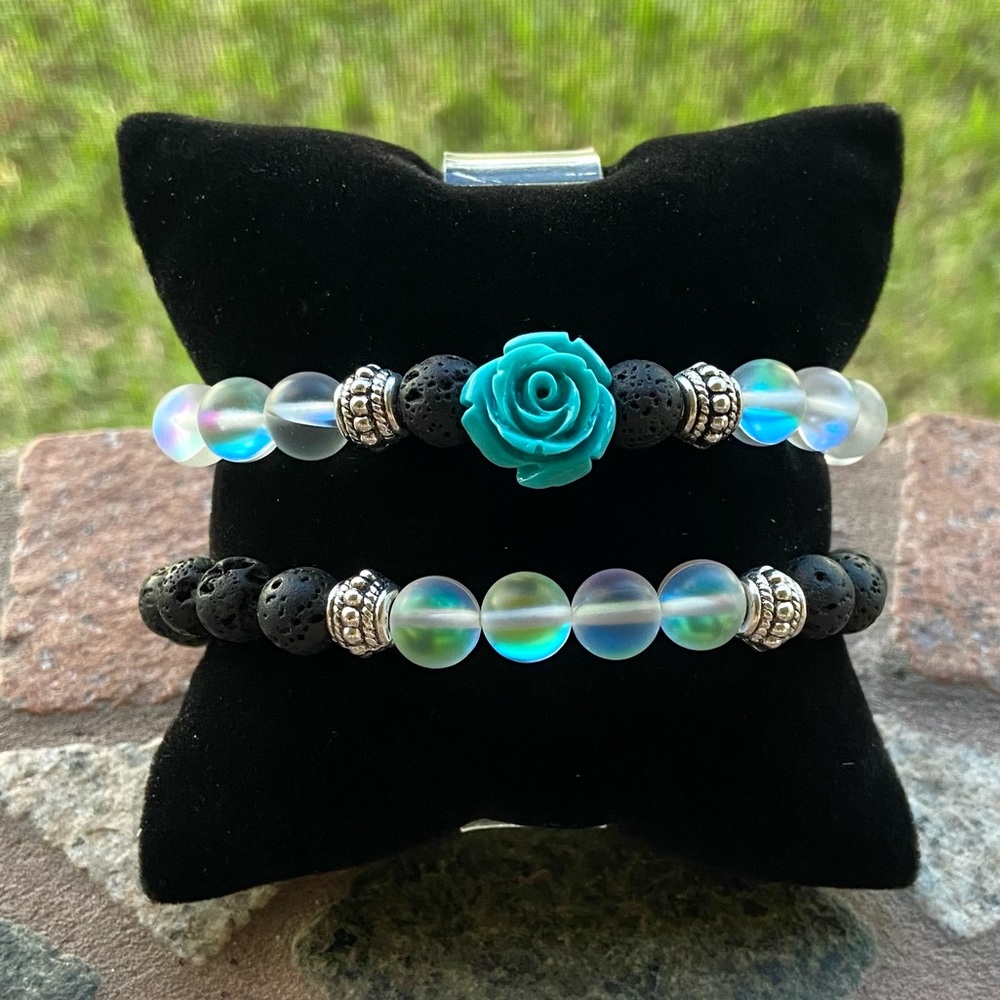Blue rose lava rock & iridescent rainbow opalite beads bracelets set